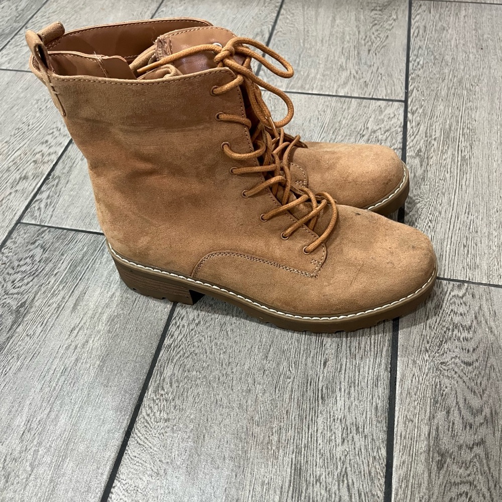 JustFab Tan Suede Lace-Up Combat Booties
